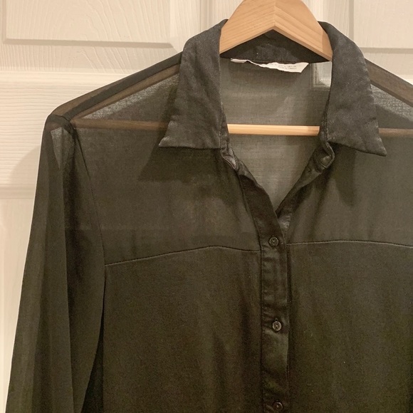 ZARA Sheer Satin Block Cutout Black Button Down Blouse - Picture 8 of 14
